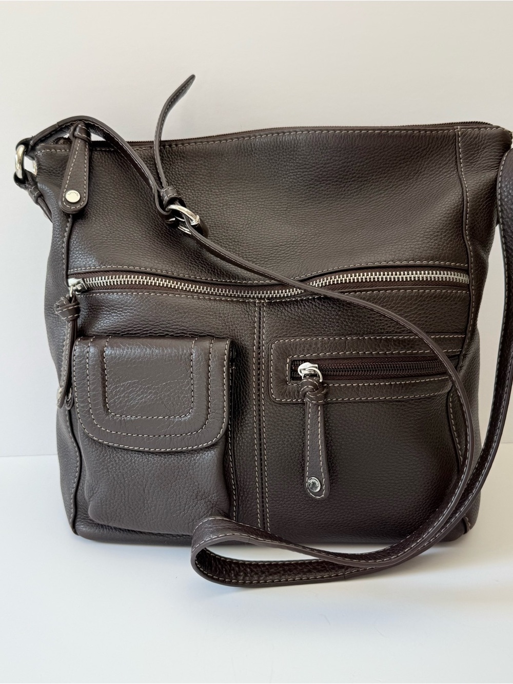 Tignanello Brown Pebble Leather Multi-Compartment Organizer Crossbody Purse Bag